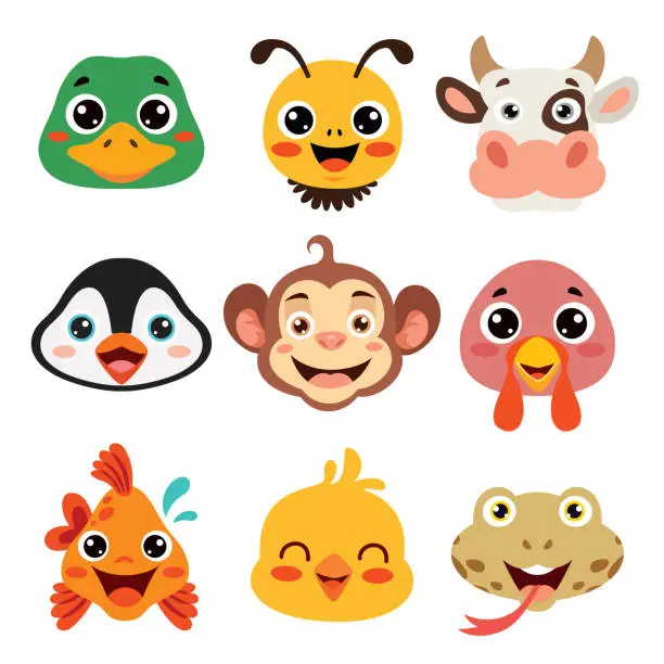 Vector illustration of Set Of Cartoon Animal Heads