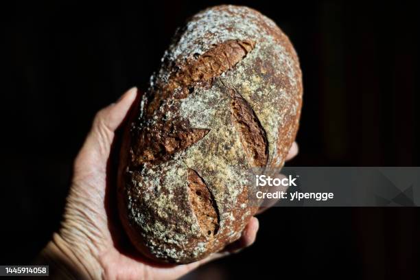 Hand Holding Artisan Rye Bread Stock Photo - Download Image Now - Artisanal Food and Drink, Baked, Baked Pastry Item