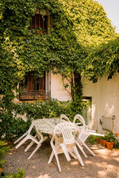 istock Table and seats and garden view 1445915808