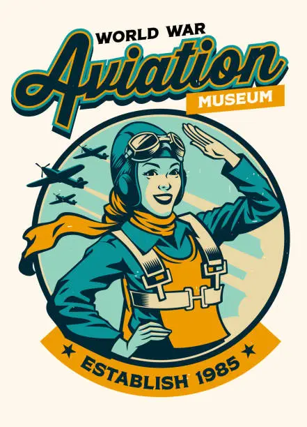 Vector illustration of Vintage T-shirt design of Women Pilot of World War Museum