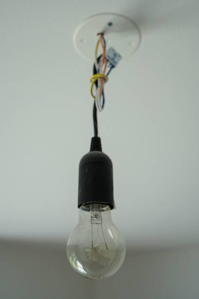 istock Vertical closeup of a light bulb hanging on a ceiling at home 1445918016
