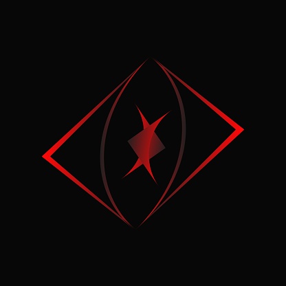 An illustrated geometric red symbol on black background