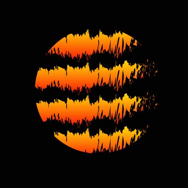 An illustrated yellow and orange moon-shaped design on a black background. Fire concept