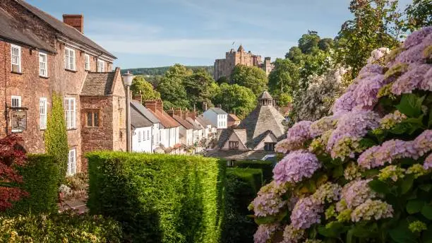 A sunny day in the Exmoor village of Dunster with ancient buildings and blooming flowers