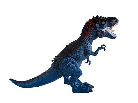 Tyrannosaurus (T-rex) Dinosaur child toy blue color isolated on white background. Perfect for displaying promotional products
