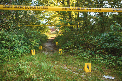 Barricade yellow tape saying Crime scene, do not enter, restricting access to the area of suspected murder. Yellow crime scene markers indicating evidence on the ground of a public park. Focus on the markers.