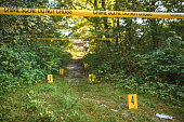 istock Barricade Tape and Crime Scene Markers at a Public Park 1445922049
