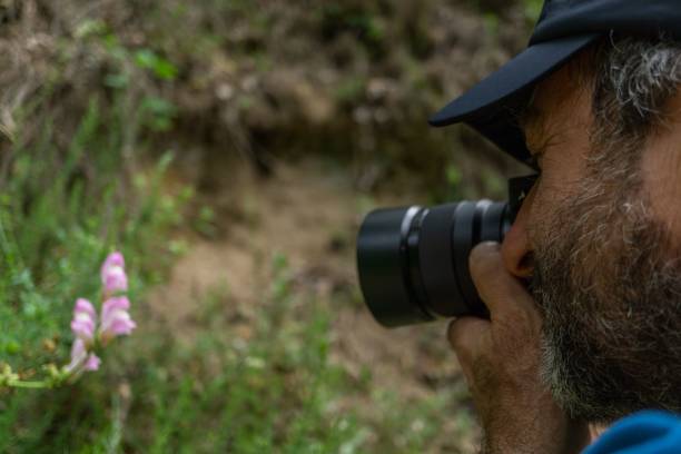 istock man with beard and cap taking a picture of a flower 1445922604