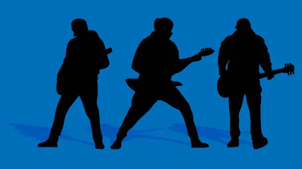 Vector illustration of Shillouettes of guitarist playing the guitar. People on a Rock concert. Musician on Entertainment Event.