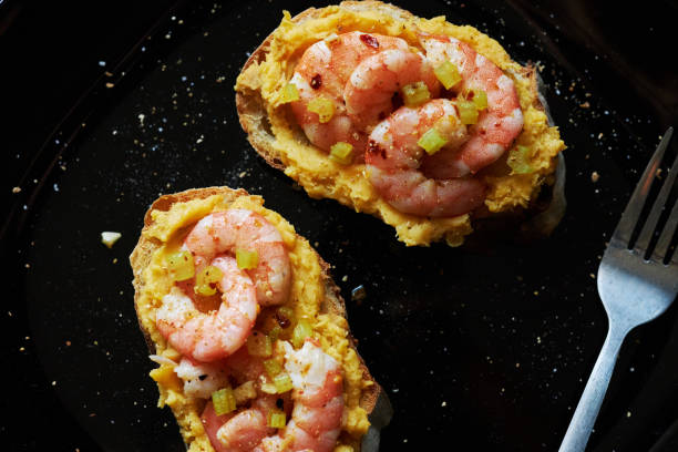 Delicious Brunch Toast: topped with sweet potato and shrimp