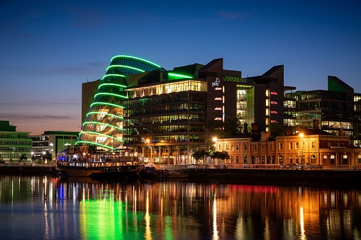 Dublin, Ireland – August 12, 2022: The convention center in Dublin at night
