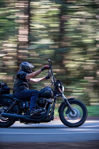 Woodsi, United States – August 15, 2022: A long exposure of a motorcyclist riding past in the woods on a black Harley Davidson
