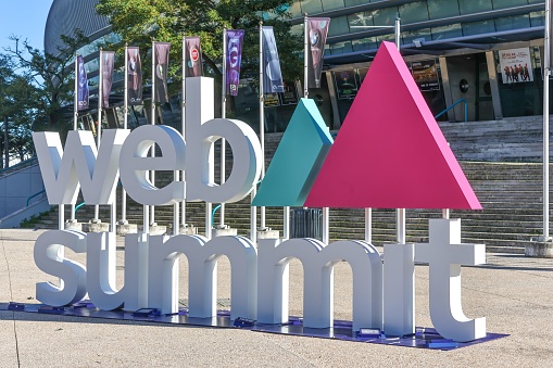 lisbon, Portugal – November 05, 2022: The Web Summit logo outside the Altice Arena