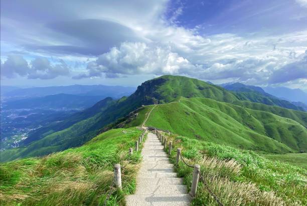 istock Aerial view of stairway surrounded by greenery mountains 1445928121