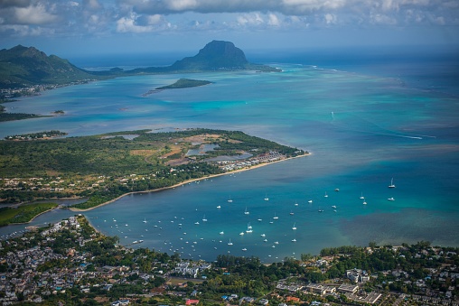 Aerial view of townscape with Kailua Bay on the island of Oahu in Hawaii., Hawaii Islands, USA.