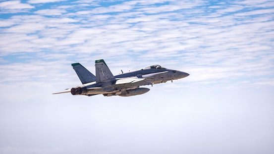 San Diego, United States – September 24, 2022: A McDonnell Douglas FA-18 Hornet of the Marine Fighter Attack Training Squadron 101 at an air demonstration