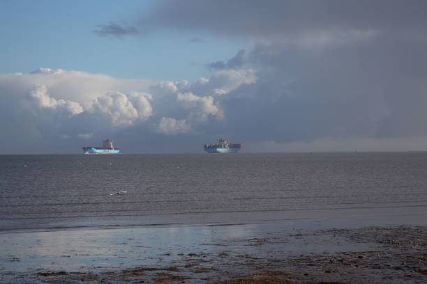 istock Calm shore with two huge vessels cruising during a cloudy sky 1445931665