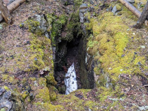 istock White rock fallen in a big and deep hole with moss growth on ground 1445931989