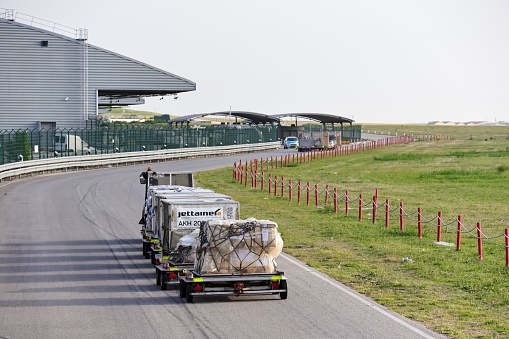 Lisbon, Portugal – October 20, 2022: A truck carrying goods at Lisbon Airport