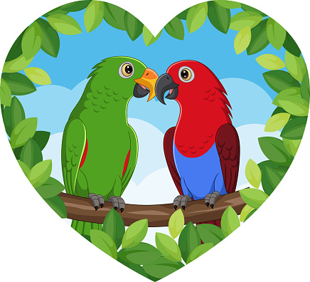 Vector illustration of Cartoon Parrots Lovely Couple on Tree Branch