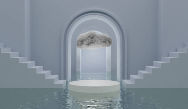 istock Product podium with staircase and cloud in mansion 3D render illustration 1445932891