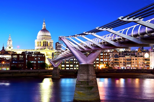 View of the Millennium Bridge and Saint Paul Cathedral from the south Bank in London