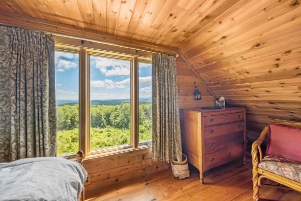 istock Forest and blue sky with white clouds view from a cabin room 1445934953