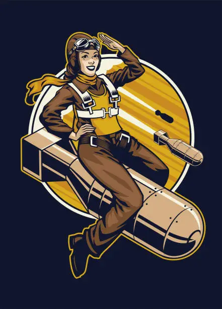 Vector illustration of Women WW2 Military Pilot Riding the Nuke Bomb