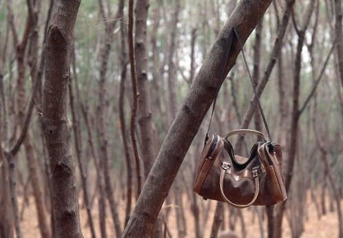 A closeup shot of a leather bag in the beautiful forest