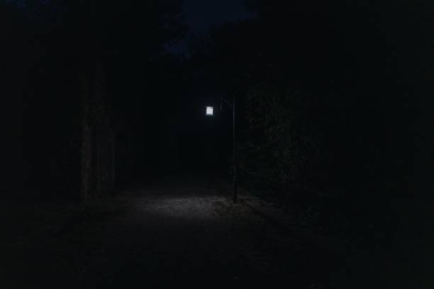 istock Small illuminated lamp hanging in a dark area 1445935739