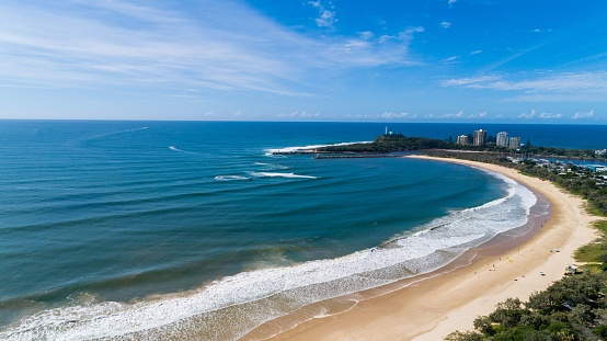 An aerial view of the beautiful ocean on a sunny day in Mooloolaba, Queensland, Australia