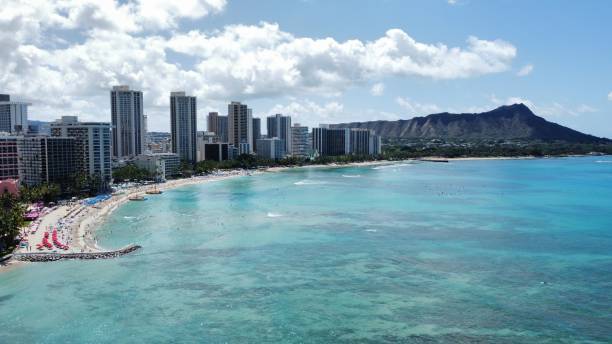 istock Aerial cityscape along sea shore 1445936176