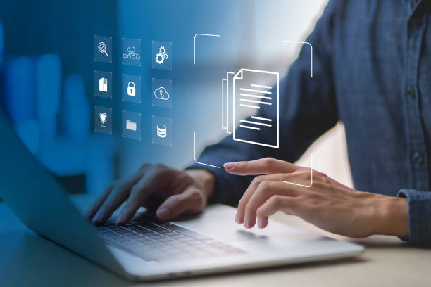 istock Document Management System DMS and Software for archiving searching and managing files online document database. Consultant information technology setup DMS technology 1445938081