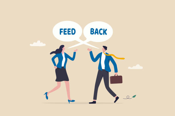 Employee feedback, opinion or colleague voice for improvement, message discussion, telling or comment each other, appraisal or review process, businessman and woman telling feedback to each other. Employee feedback, opinion or colleague voice for improvement, message discussion, telling or comment each other, appraisal or review process, businessman and woman telling feedback to each other. better complaint stock illustrations