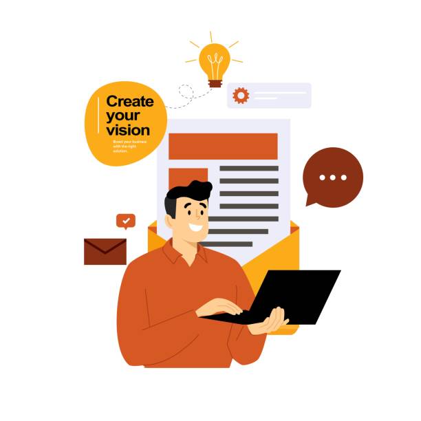 Man writing email on laptop. Concept for email marketing, newsletter, news, offers, promotions, subscription. Flat vector illustration. Business communication concept vector art illustration