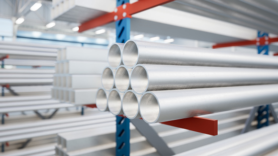 3d rendering of steel pipe product or round pipe on shelf inside warehouse, factory or store building. Construction material from metallurgy industry, steel production, engineering and manufacturing.