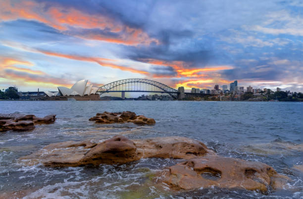 sydney harbour australia o zachodzie słońca z turkusowymi kolorami zatoki i wysokimi biurami miasta w tle - circular quay zdjęcia i obrazy z banku zdjęć