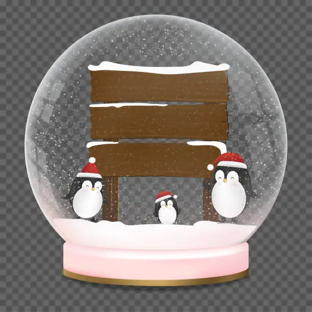 Vector illustration of Christmas ball with Cute Penguins wearing red Christmas hat playing ice skating on snow next to Wood sign post on Transparent Background,Vector Element Snow Globe Crystal for New Year, Winter,Xmas Gif