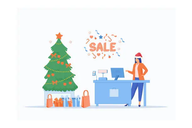 Vector illustration of Merry Christmas And New Year In Shop. Store with customers crowd and cashier near cash desk. Gifts and presents, Sale Boxing Day banner, flat vector modern illustration