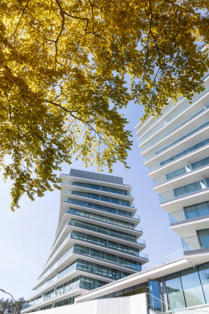White balconies in modern apartment buildings