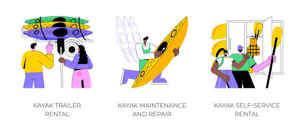 kajakverleih isolierte cartoon-vektor-illustrationen. - extreme sports kayaking kayak adventure stock-grafiken, -clipart, -cartoons und -symbole