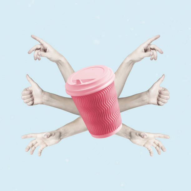 Creative abstraction with coffee cup and hands on blue background