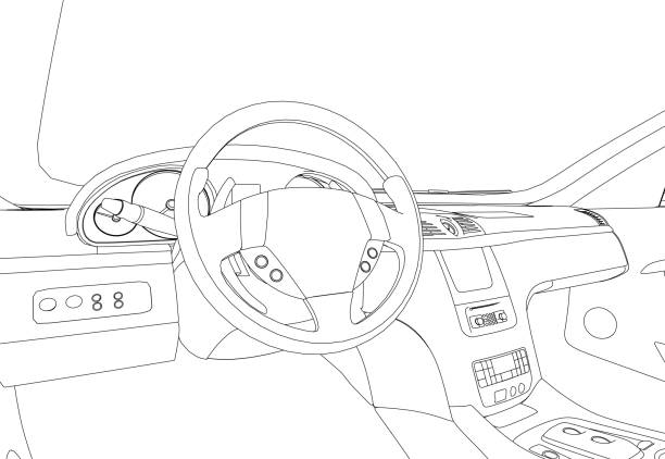 illustrazioni stock, clip art, cartoni animati e icone di tendenza di il contorno dell'interno dell'auto all'interno da linee nere isolate su uno sfondo bianco. vista dal sedile anteriore. 3d. illustrazione vettoriale. - car vehicle interior inside of dashboard