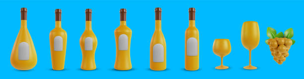 istock Set 3d realistic bottles for wine, or alcohol various shape with wineglass and grape in cartoon minimal style. Collection modern design art elements isolated on color background. Vector illustration. 1445951273