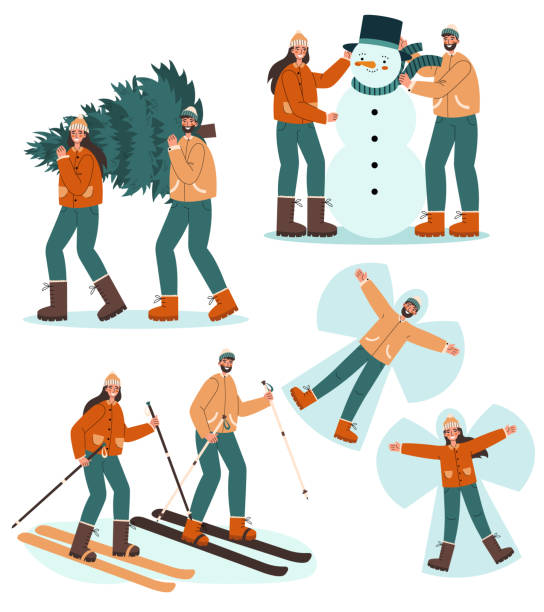 Young couple is engaged in winter activities. Smiling man and woman skiing, carrying christmas tree, making snow angels and snowman. Young couple is engaged in winter activities. Smiling man and woman skiing, carrying christmas tree, making snow angels and snowman. Winter entertainments concept. making snow angels stock illustrations