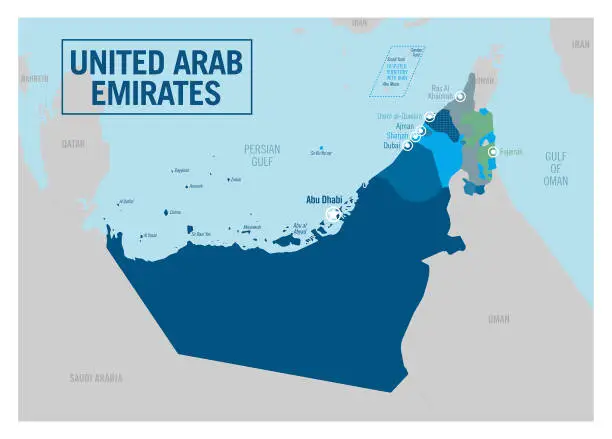 Vector illustration of United Arab Emirates country political map. Detailed vector illustration with isolated provinces, departments, regions, cities, islands and states easy to ungroup.