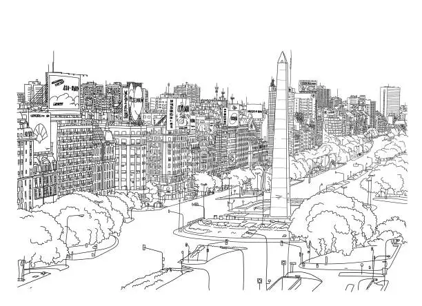 Vector illustration of Buenos Aires, Argentina detailed cityscape. Obelisk in 9 de Julio avenue. Black and white hand drawn sketch style vector illustration.