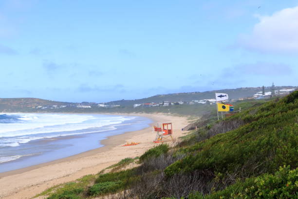 rettungsschwimmerausrüstung in gelben und roten farben und haigefahr am strand in plettenberg bay in südafrika - plettenberg bay tourist resort south africa coastline stock-fotos und bilder