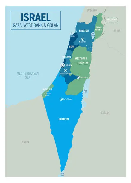 Vector illustration of Israel country political map, including Golan Heights, West Bank and Gaza Strip. Detailed vector illustration with isolated provinces, departments, regions, cities, and states easy to ungroup.