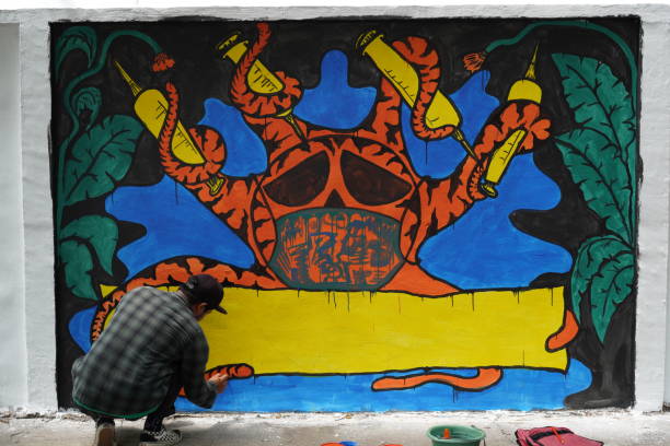 Banda Aceh, Indonesia - June 18, 2022:  22 mural art participants livened up the 76th Bhayangkara Day, in a mural competition held by the Aceh Regional Police